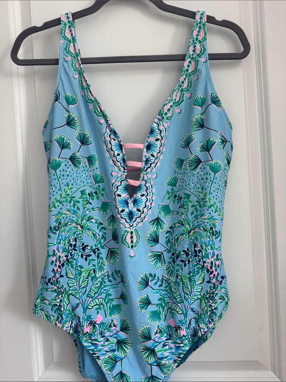 Lilly Pulitzer Tropical Print One-Piece Blue Swimsuit with Pink Accents